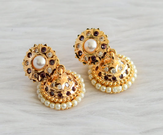 Gold tone south indian ad purple-white stone pearl jhumkka dj-44278