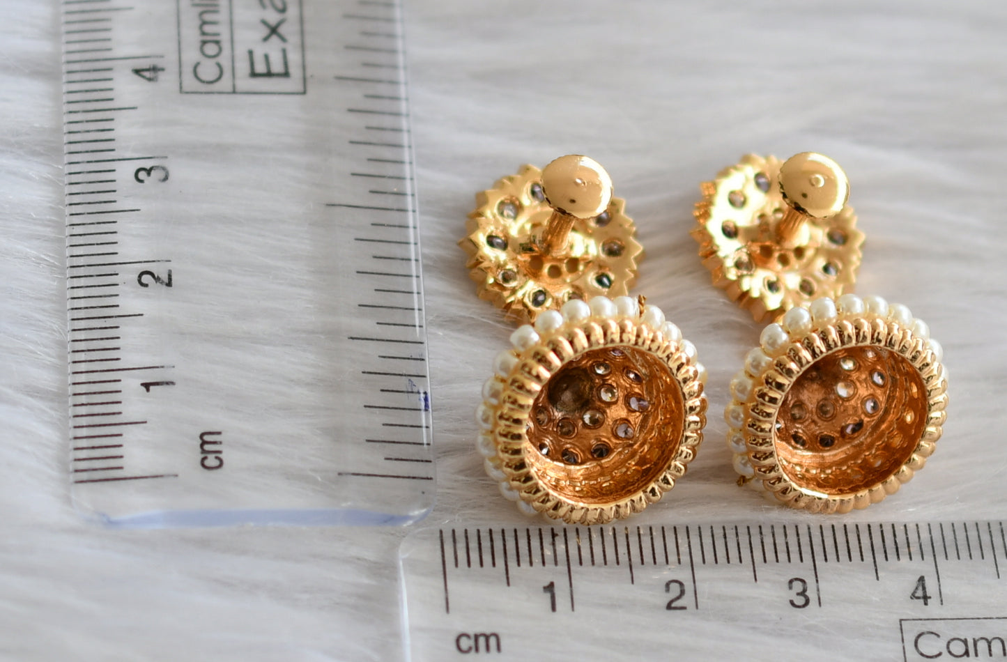 Gold tone south indian ad purple-white stone pearl jhumkka dj-44278