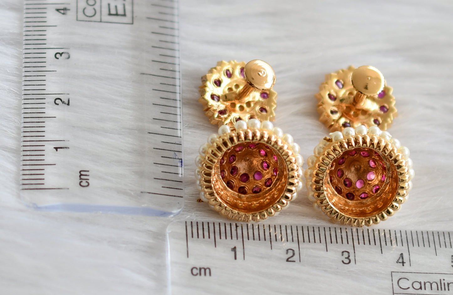 Gold tone south indian ad pink stone pearl jhumkka dj-44281