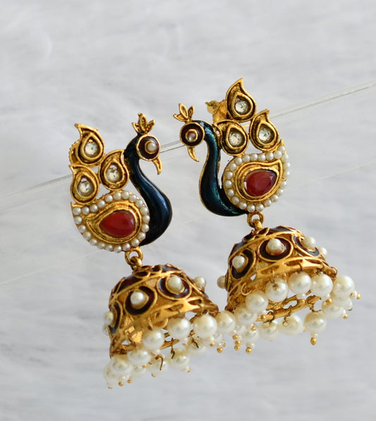 Antique gold tone red-blue-pearl meenakari peacock jhumkka dj-46064
