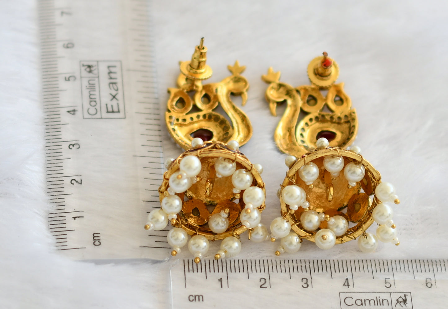 Antique gold tone red-blue-pearl meenakari peacock jhumkka dj-46064