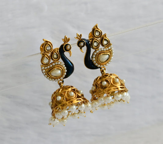 Antique gold tone white-blue- pearl meenakari peacock jhumkka dj-46066