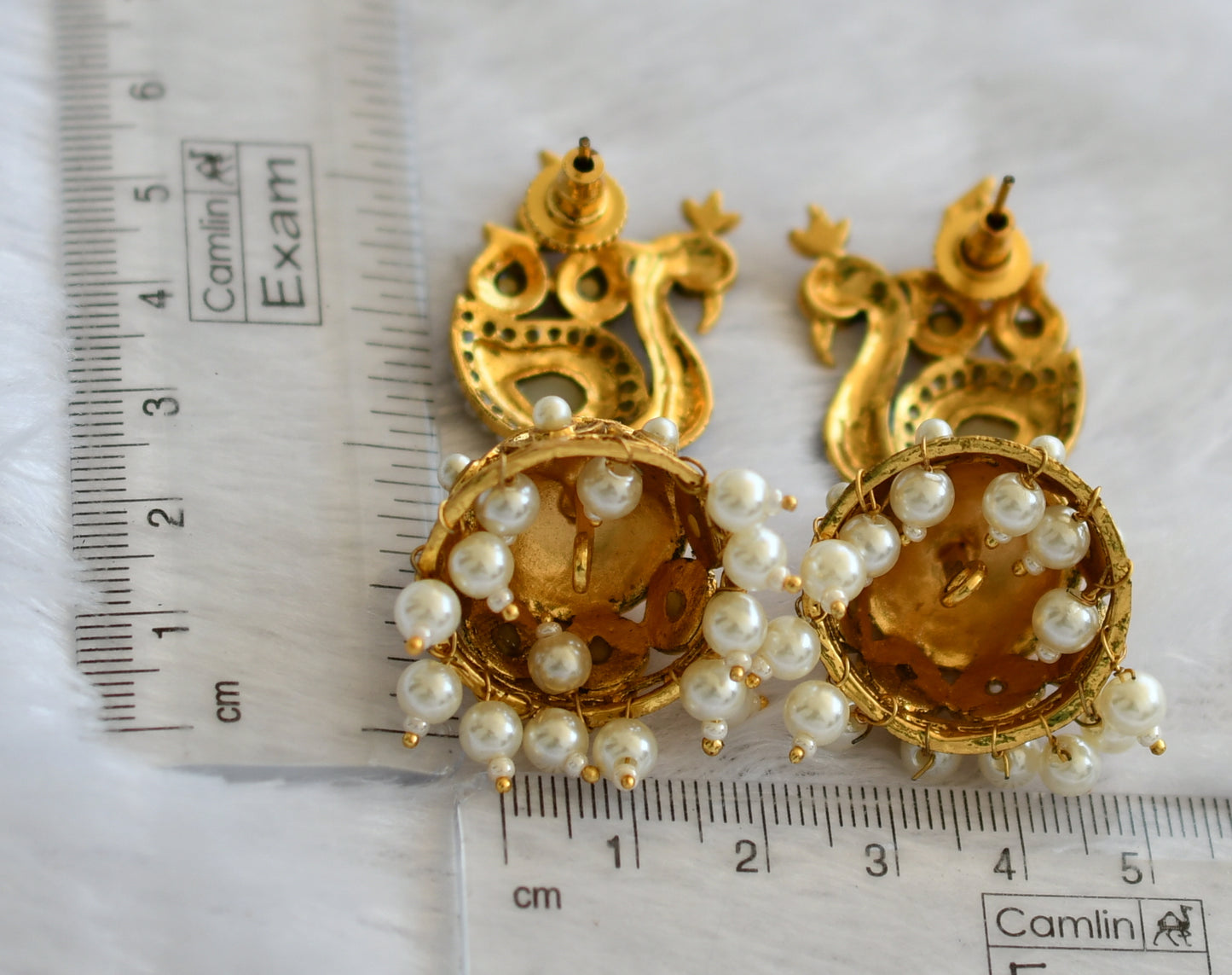 Antique gold tone white-blue- pearl meenakari peacock jhumkka dj-46066