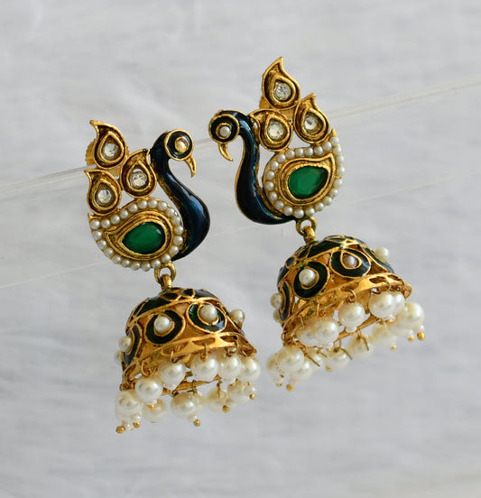 Antique gold tone blue-green-pearl meenakari peacock jhumkka dj-46065