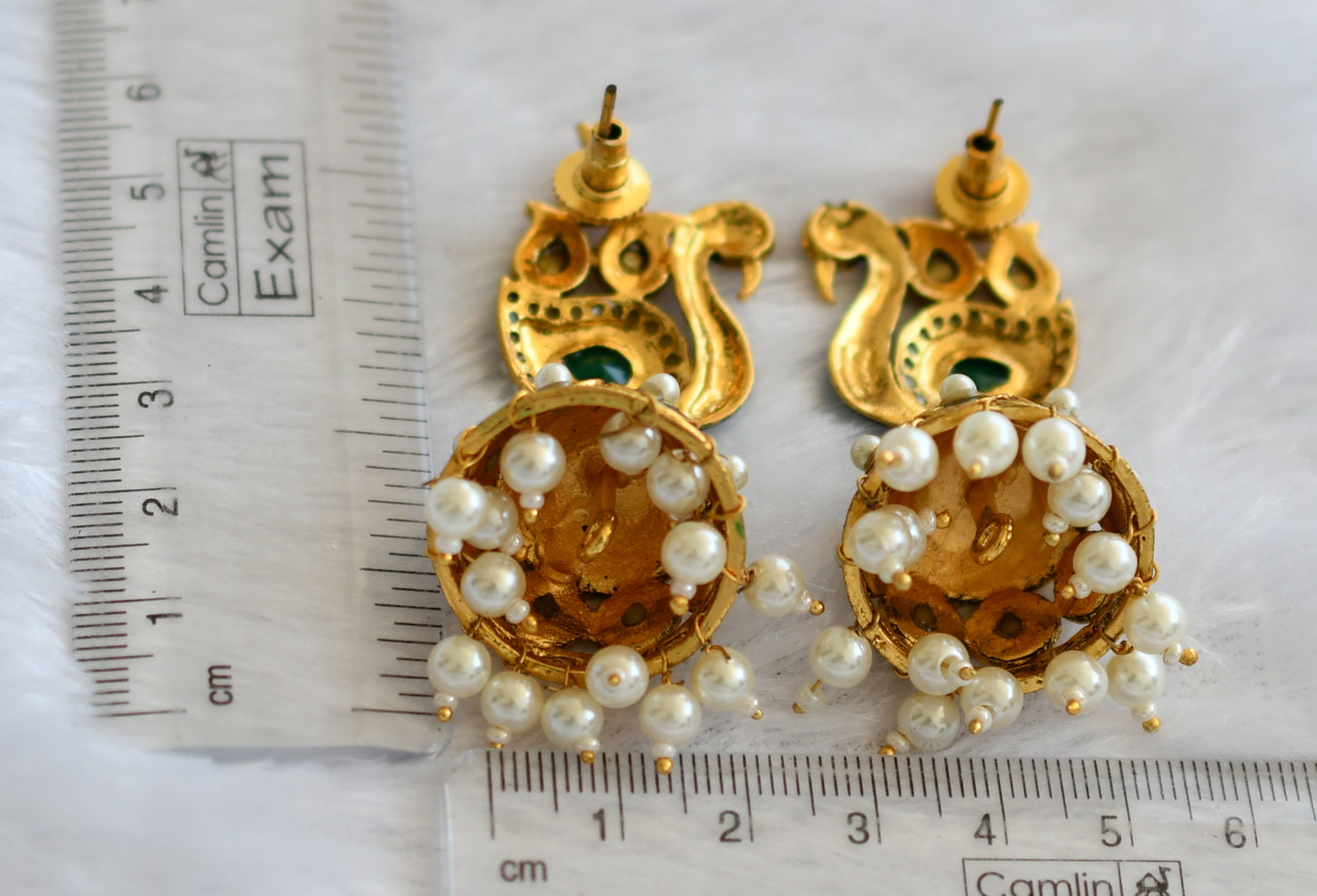 Antique gold tone blue-green-pearl meenakari peacock jhumkka dj-46065