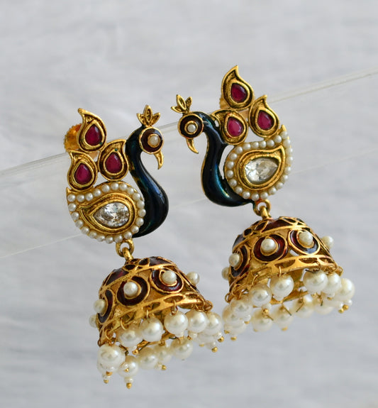 Antique gold tone ruby-white-pearl meenakari peacock jhumkka dj-46067