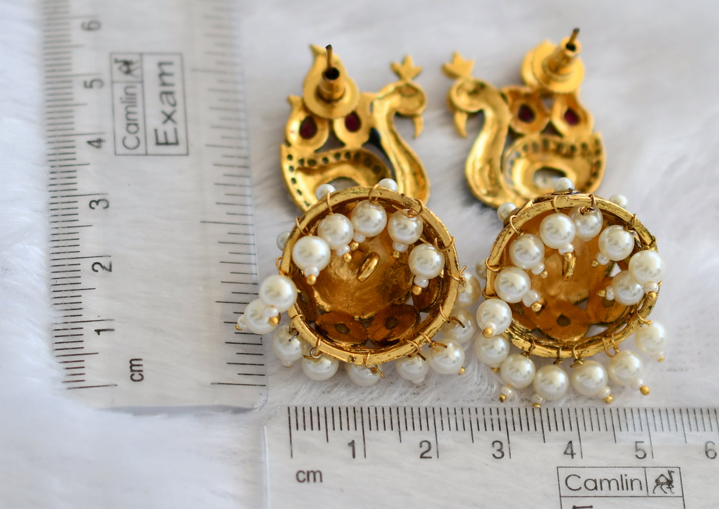 Antique gold tone ruby-white-pearl meenakari peacock jhumkka dj-46067