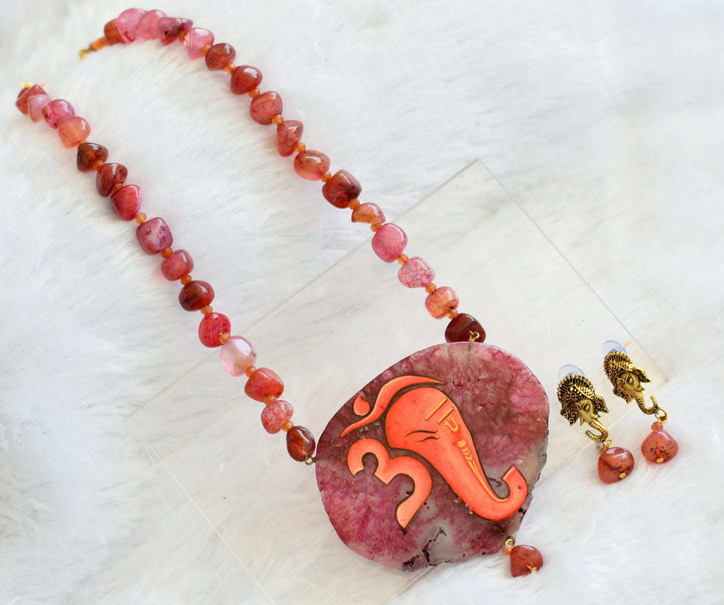 Hand painted om ganesha sliced agate pendant with orange-pink onyx beaded necklace set dj-46074