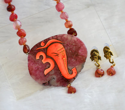 Hand painted om ganesha sliced agate pendant with orange-pink onyx beaded necklace set dj-46074