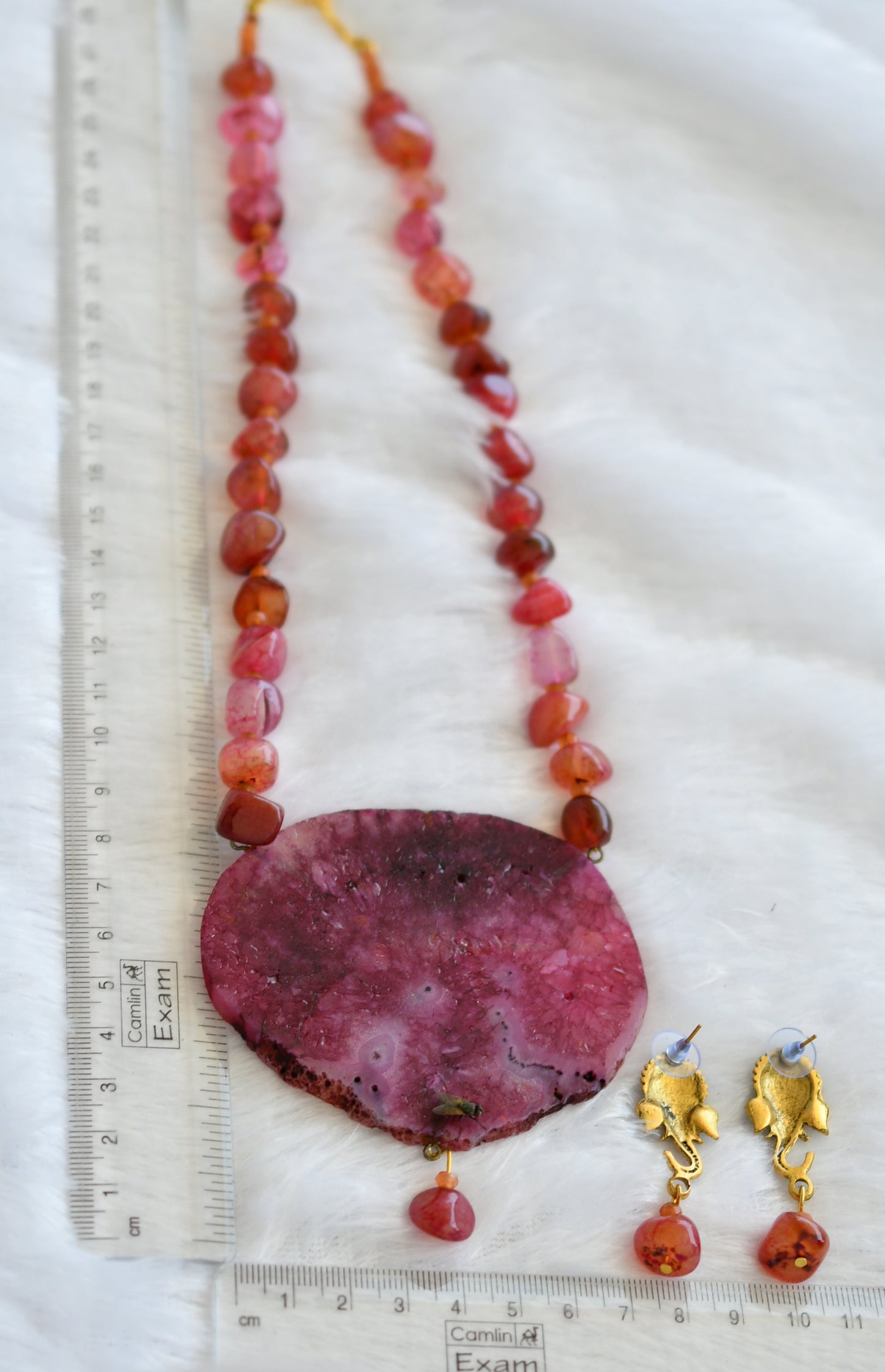 Hand painted om ganesha sliced agate pendant with orange-pink onyx beaded necklace set dj-46074