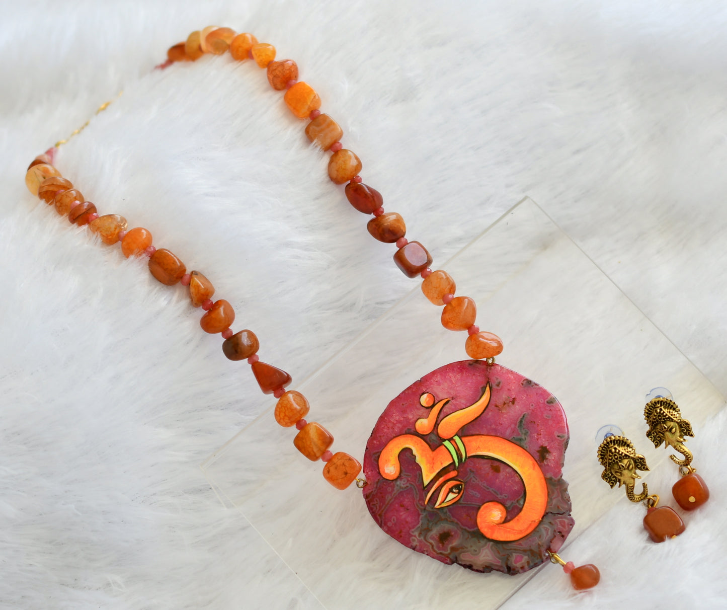 Hand painted om ganesha sliced agate pendant with orange onyx beaded necklace set dj-46073