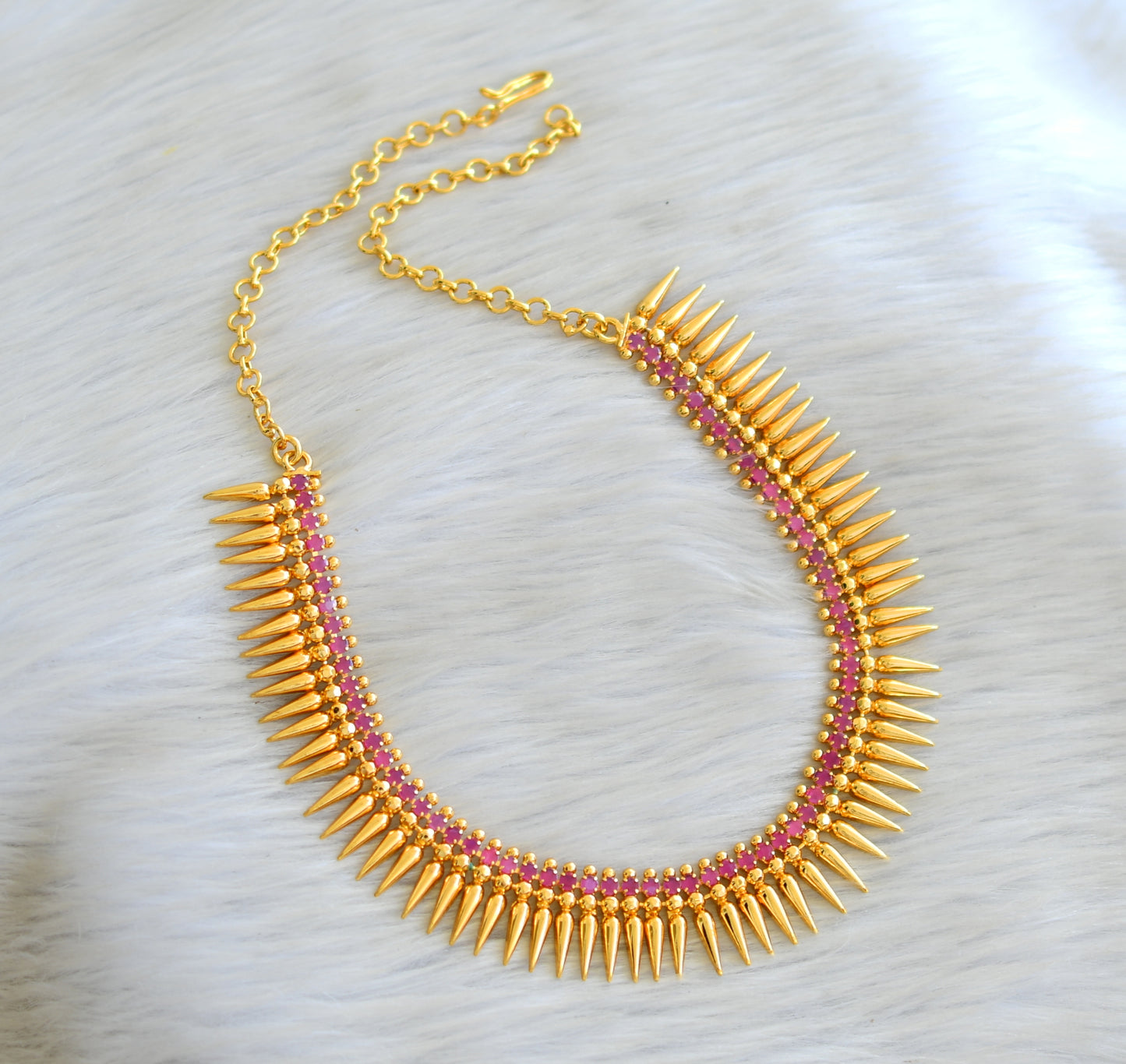 Gold tone pink stone mulla mottu Kerala style necklace dj-38263