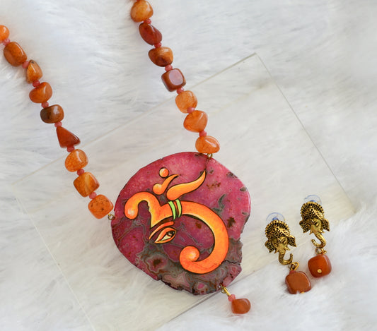 Hand painted om ganesha sliced agate pendant with orange onyx beaded necklace set dj-46073