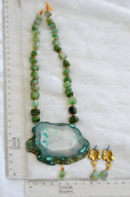 Hand painted om ganesha sliced agate pendant with green-orange onyx bead necklace set dj-46071