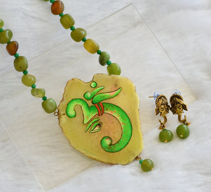 Hand painted om ganesha sliced agate pendant with olive green onyx beaded necklace set dj-46072