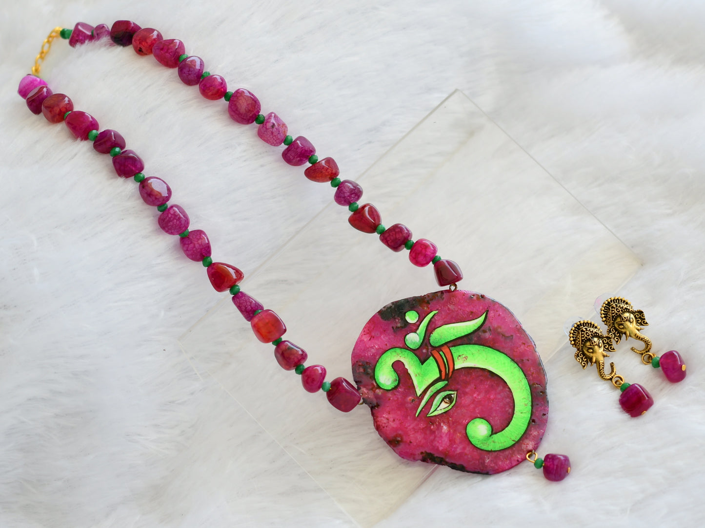 Hand painted om ganesha sliced agate pendant with pink-green onyx beaded necklace set dj-46075