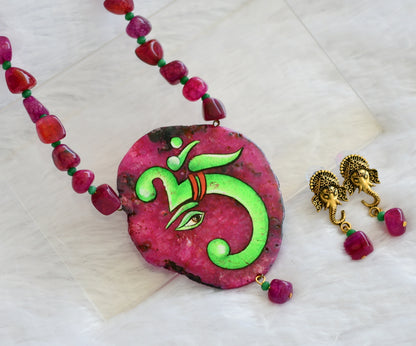 Hand painted om ganesha sliced agate pendant with pink-green onyx beaded necklace set dj-46075