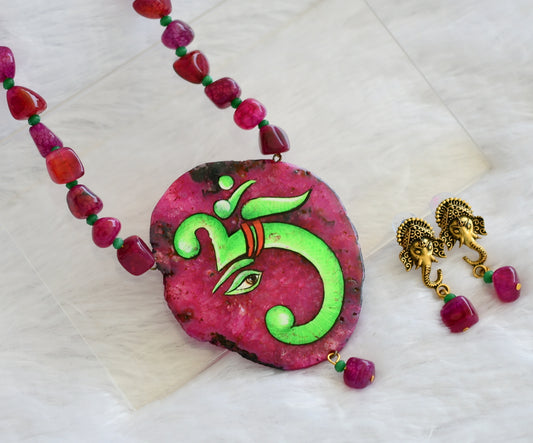 Hand painted om ganesha sliced agate pendant with pink-green onyx beaded necklace set dj-46075