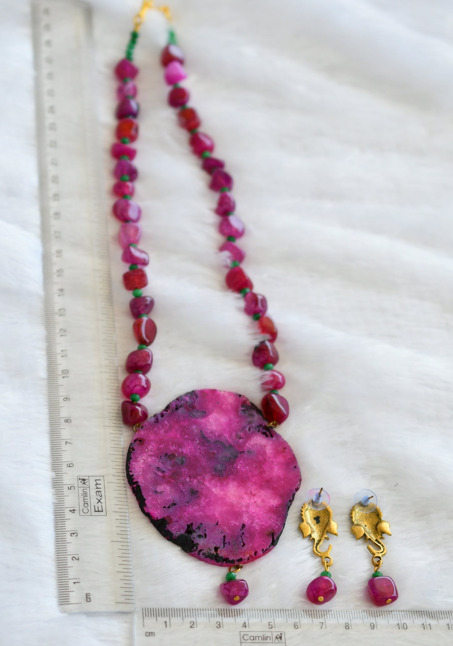 Hand painted om ganesha sliced agate pendant with pink-green onyx beaded necklace set dj-46075