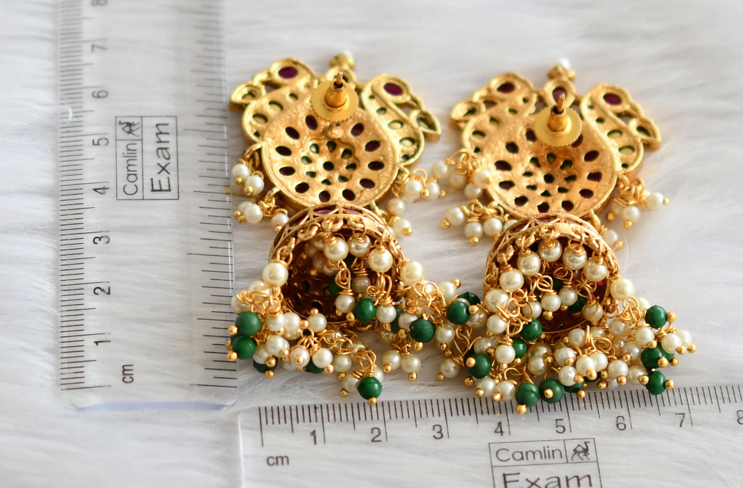 Matte finish real kemp-white pearl cluster -green bead peacock jhumkka dj-44294