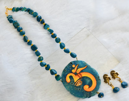 Hand painted om ganesha sliced agate pendant with blue-yellow onyx beaded necklace set dj-46076