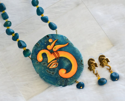 Hand painted om ganesha sliced agate pendant with blue-yellow onyx beaded necklace set dj-46076