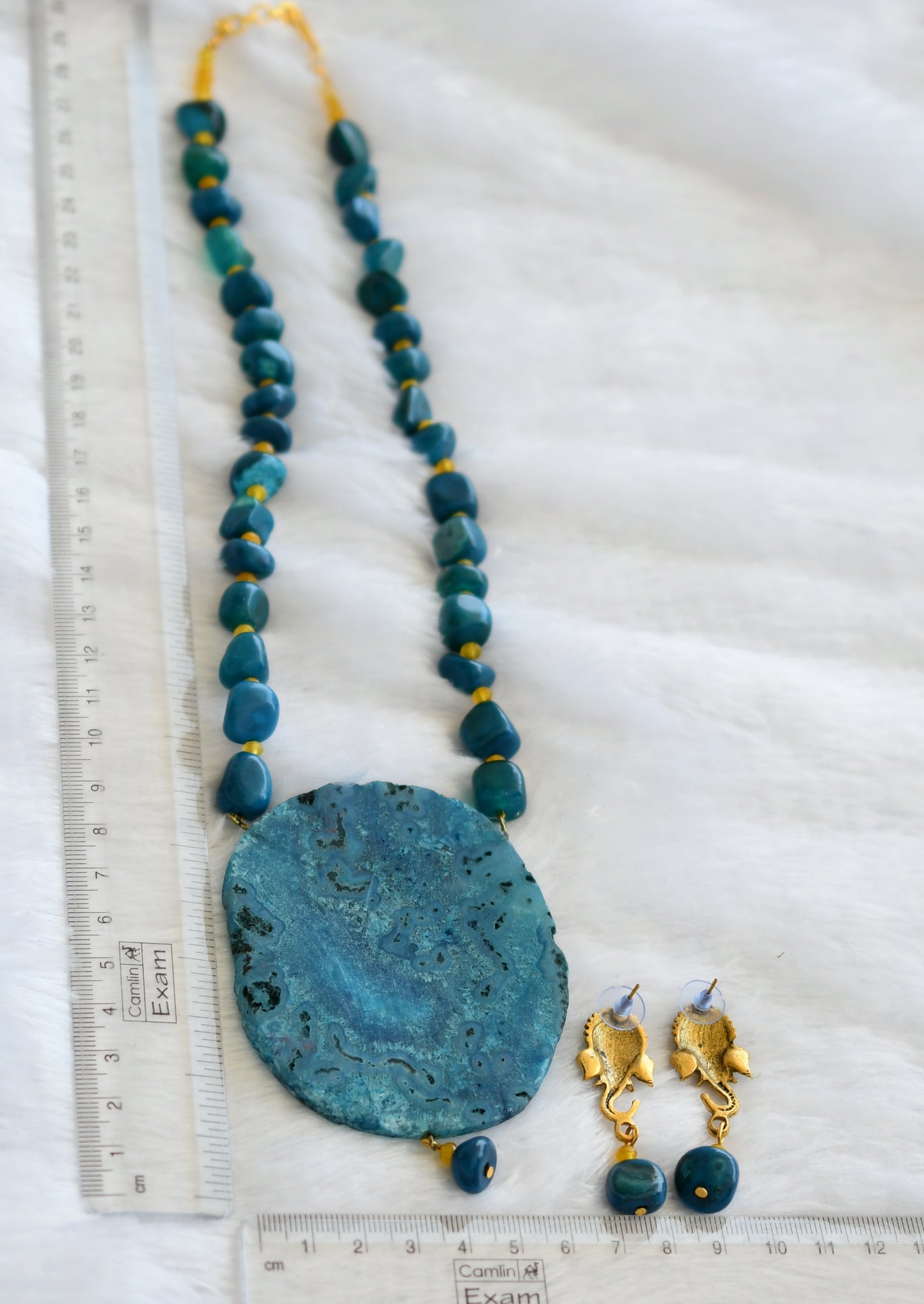 Hand painted om ganesha sliced agate pendant with blue-yellow onyx beaded necklace set dj-46076