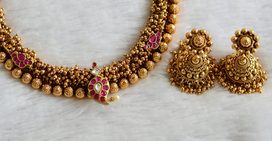 Antique gold tone pink-white kundan jadau mango bird cluster necklace set dj-49514