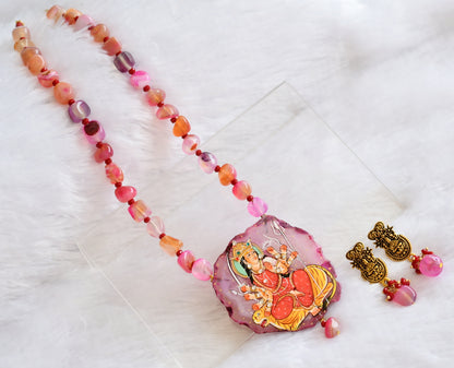Hand painted ma shakti sliced agate pendant with pink-red onyx beaded necklace set dj-46081