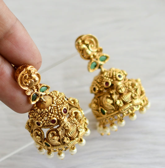 Antique gold tone ruby-green pearl peacock lakshmi jhumkka dj-44303