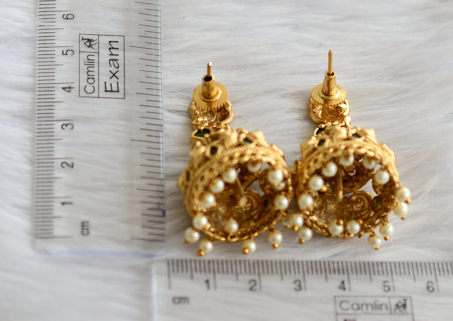 Antique gold tone ruby-green pearl peacock lakshmi jhumkka dj-44303