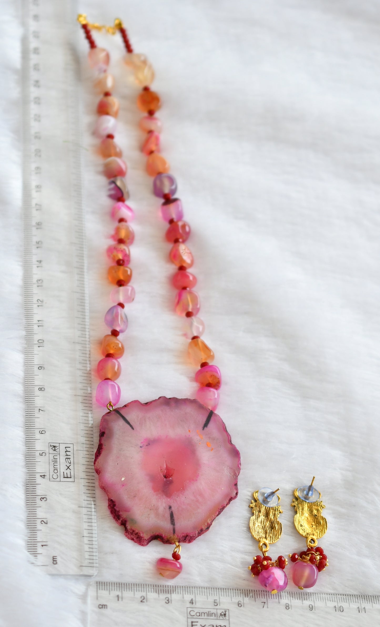 Hand painted ma shakti sliced agate pendant with pink-red onyx beaded necklace set dj-46081