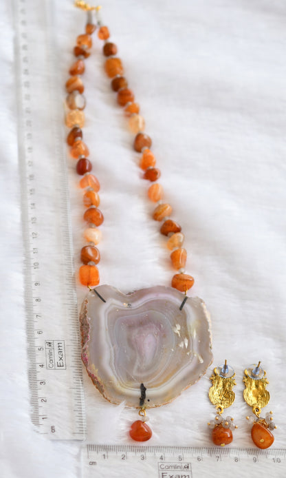 Hand painted ma shakti sliced agate pendant with orange onyx beaded necklace set dj-46080
