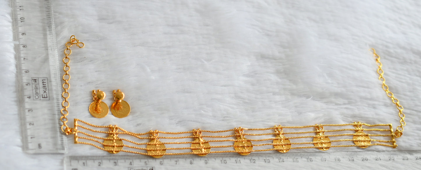 Gold tone kerala style white stone lakshmi coin choker set dj-49512