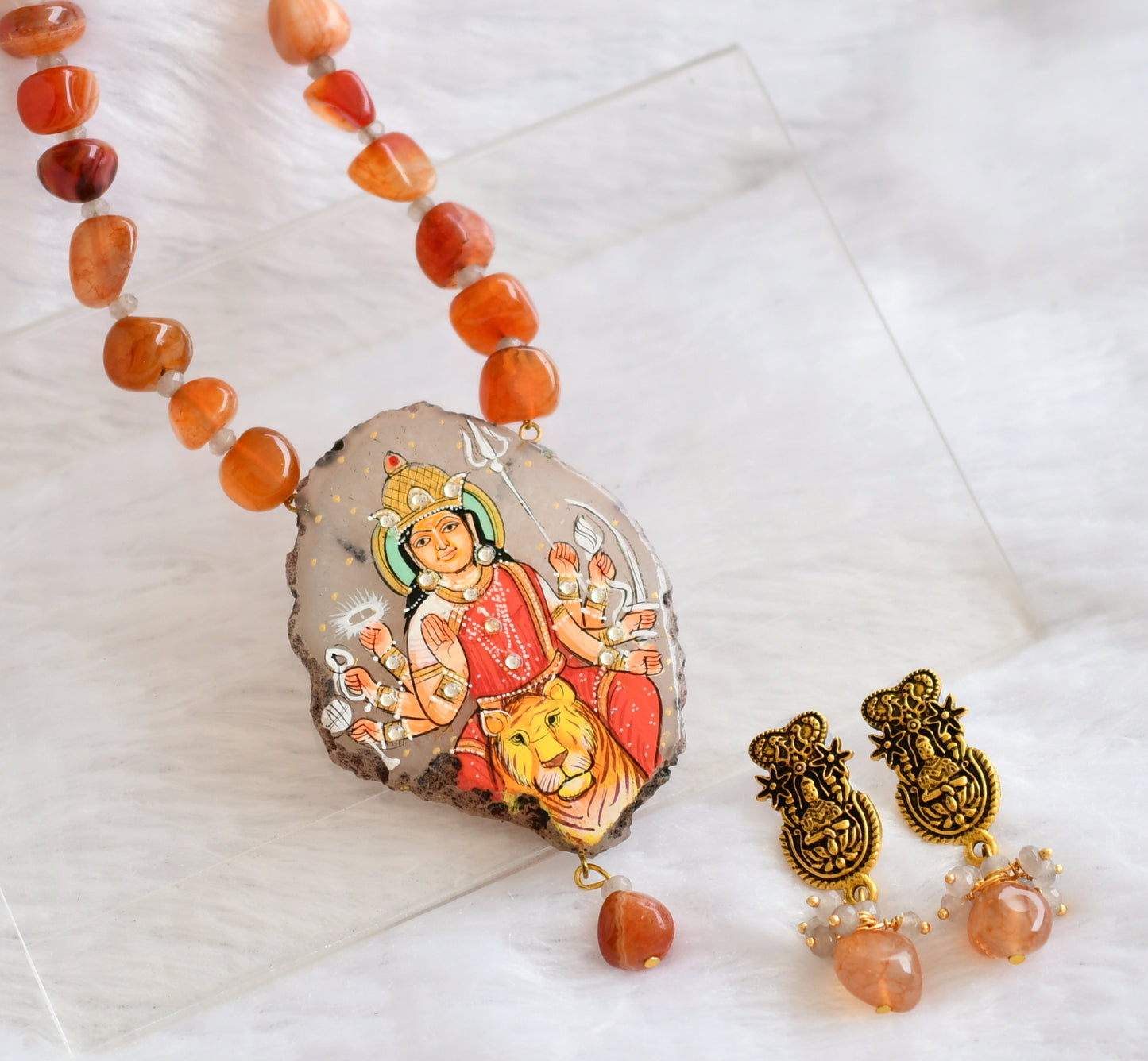 Hand painted ma shakti sliced agate pendant with orange-white onyx beaded necklace set dj-46082