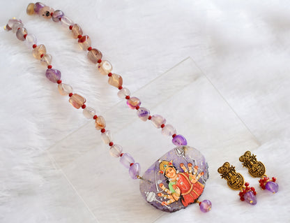 Hand painted ma shakti sliced agate pendant with purple-red-white onyx beaded necklace set dj-46083