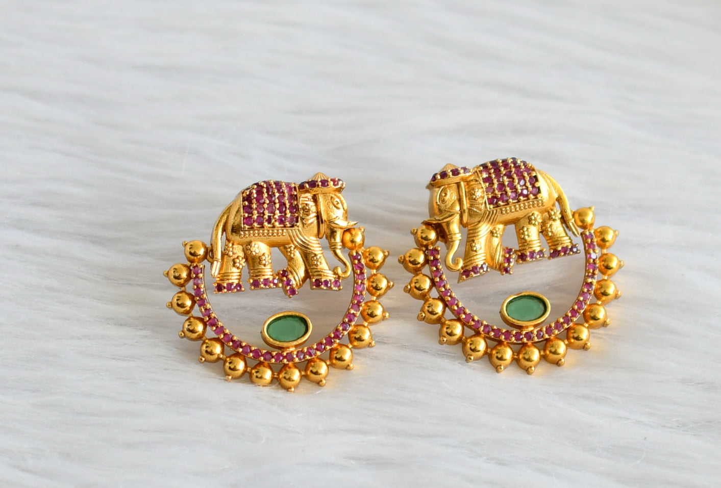 Matte finish ruby-emerald elephant earrings dj-44307