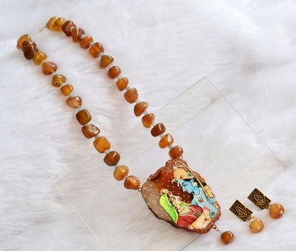 Hand painted ram-sita sliced agate pendant with brown onyx beaded necklace set dj-46078