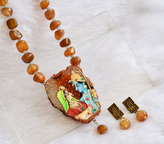 Hand painted ram-sita sliced agate pendant with brown onyx beaded necklace set dj-46078