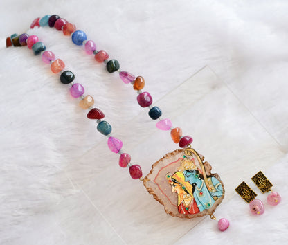 Hand painted ram-sita sliced agate pendant with multi color onyx beaded necklace set dj-46077