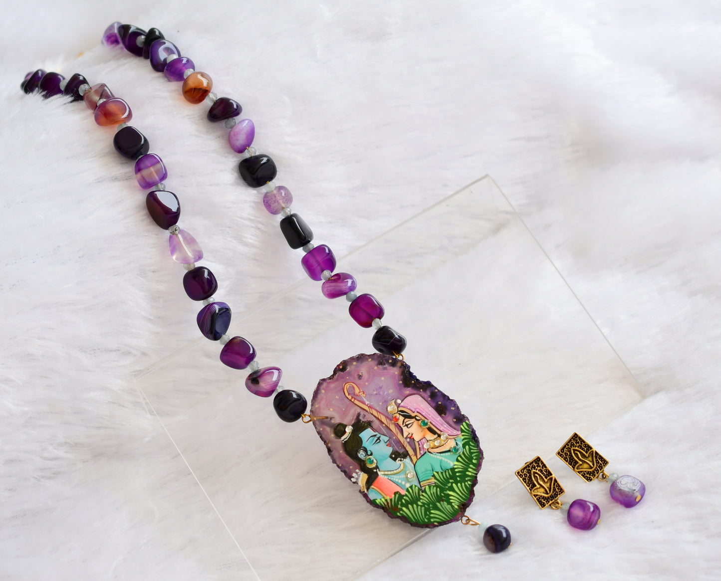 Hand painted ram-sita sliced agate pendant with purple onyx beaded necklace set dj-46079