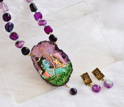 Hand painted ram-sita sliced agate pendant with purple onyx beaded necklace set dj-46079