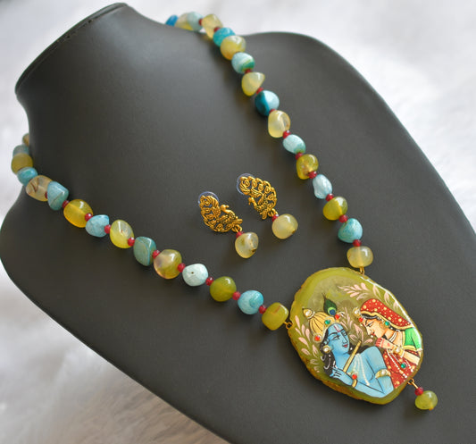 Hand painted radha-krishna sliced agate pendant with blue onyx beaded necklace set dj-46085