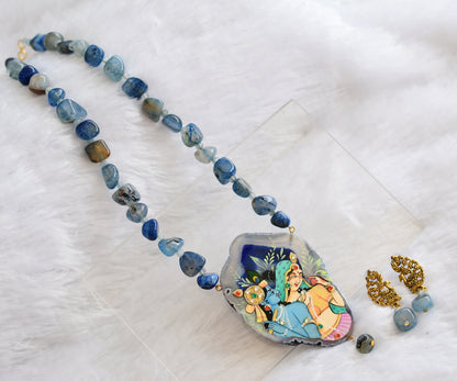 Hand painted radha-krishna sliced agate pendant with blue onyx beaded necklace set dj-46091