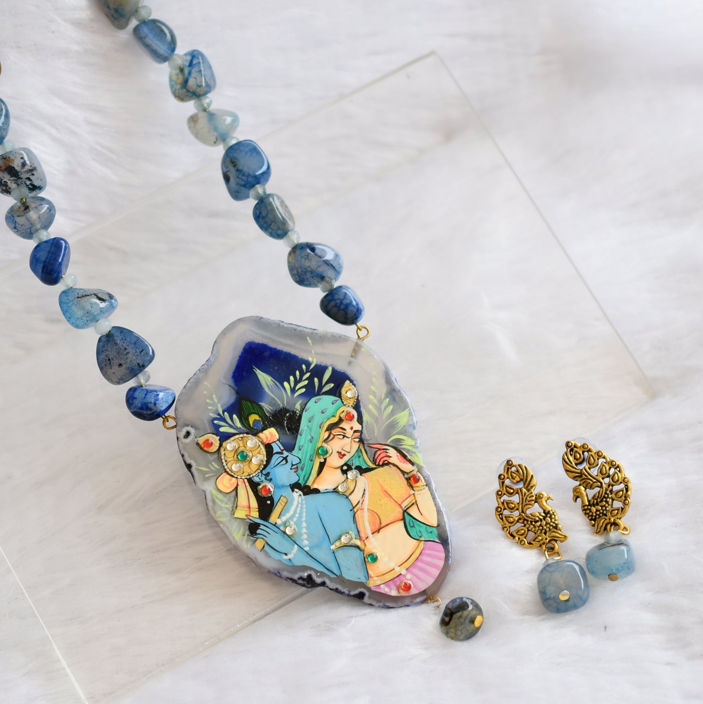 Hand painted radha-krishna sliced agate pendant with blue onyx beaded necklace set dj-46091