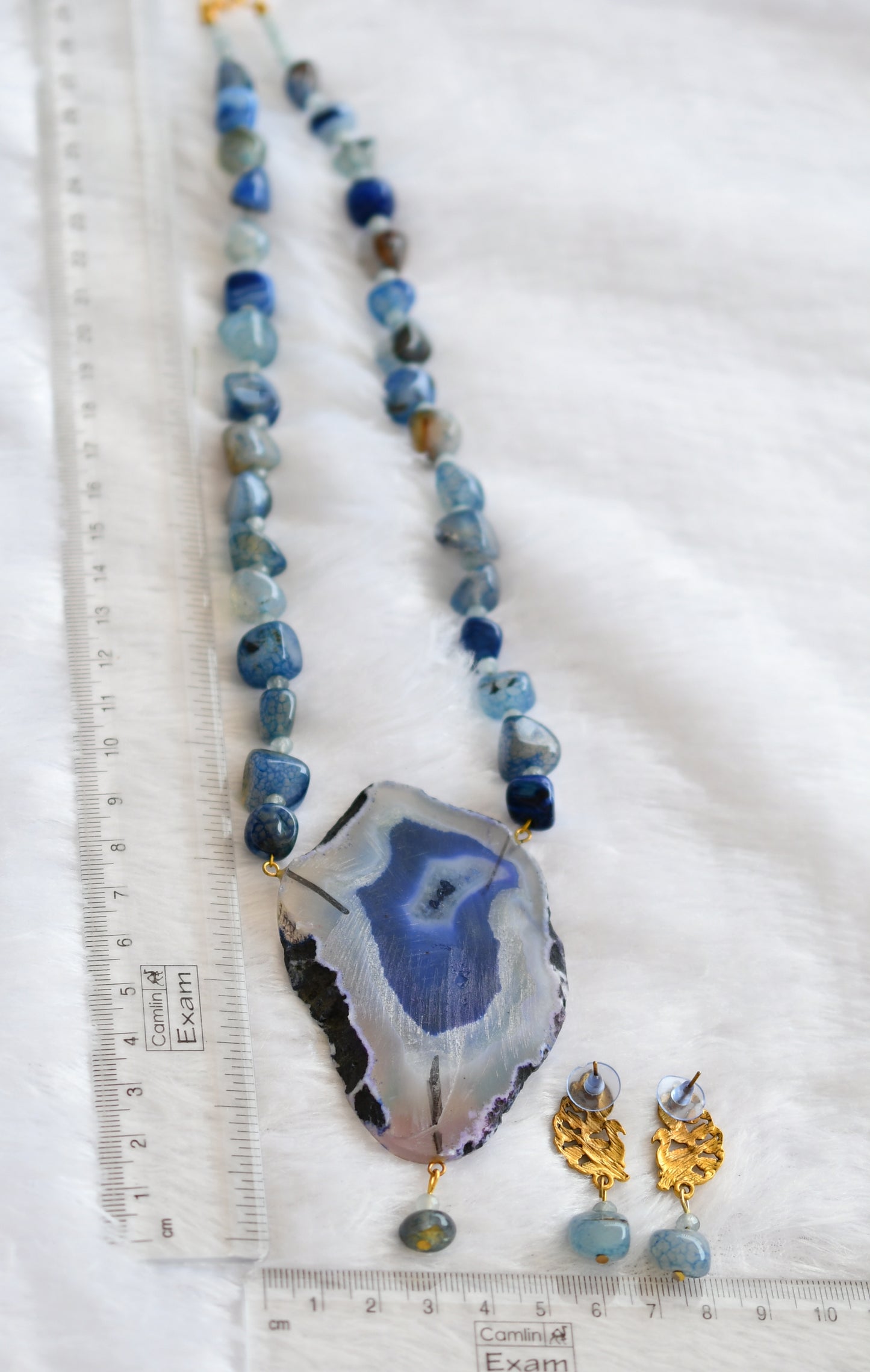 Hand painted radha-krishna sliced agate pendant with blue onyx beaded necklace set dj-46091