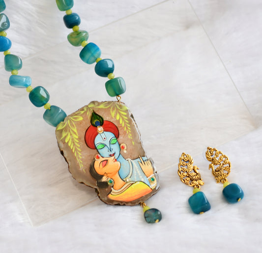 Hand painted radha-krishna sliced agate pendant with blue-green onyx beaded necklace set dj-46095