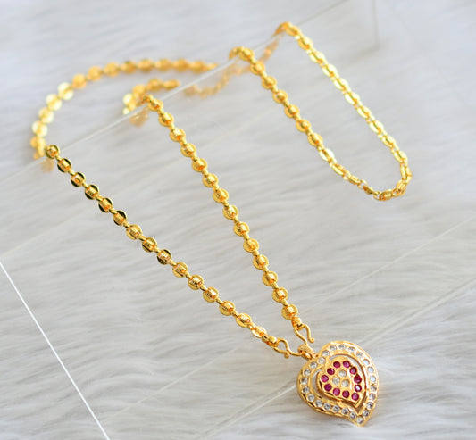 Gold tone 24 inches chain with ad pink-white stone heart pendant dj-44318