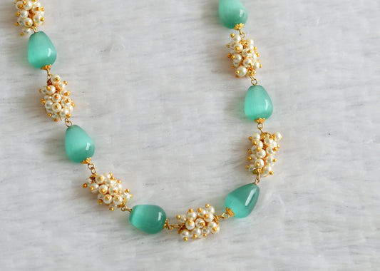 Gold tone sea green thilak beaded pearl cluster mala/necklace dj-49521