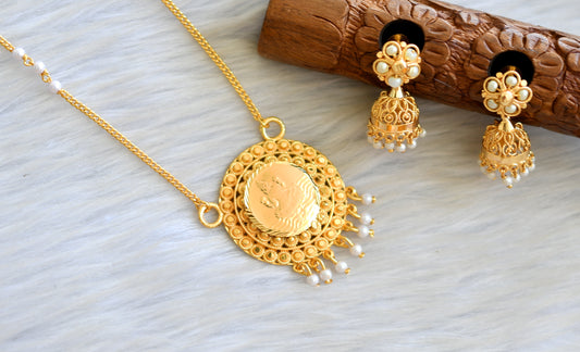 Gold tone pearl beads lakshmi pendant set dj-42839